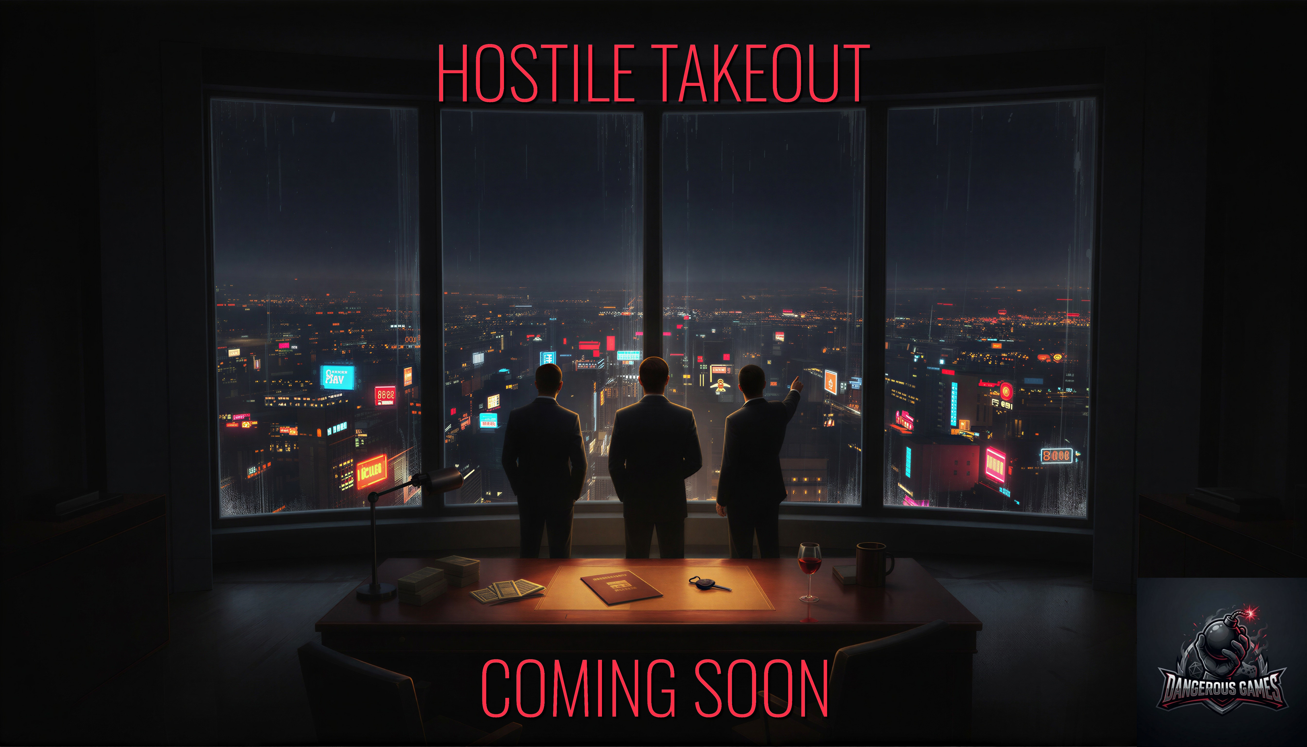 Hostile Takeout key art — three executives at a boardroom window